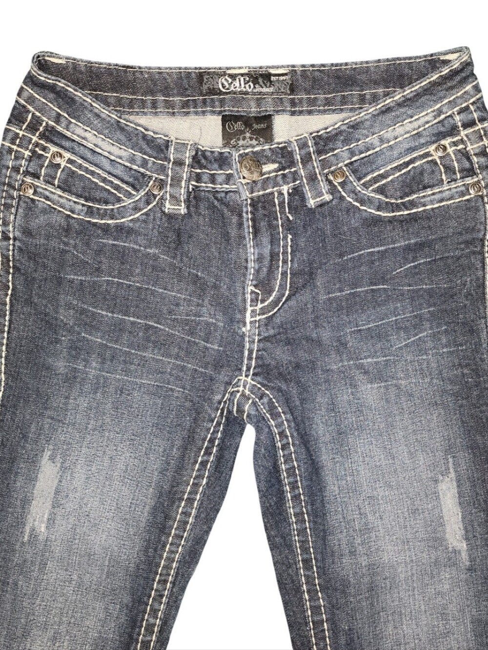 CELLO Size 5 Bling Pocket Bootcut Flare Jeans Contrast Stitch 28x31 Low Rise - Picture 3 of 8